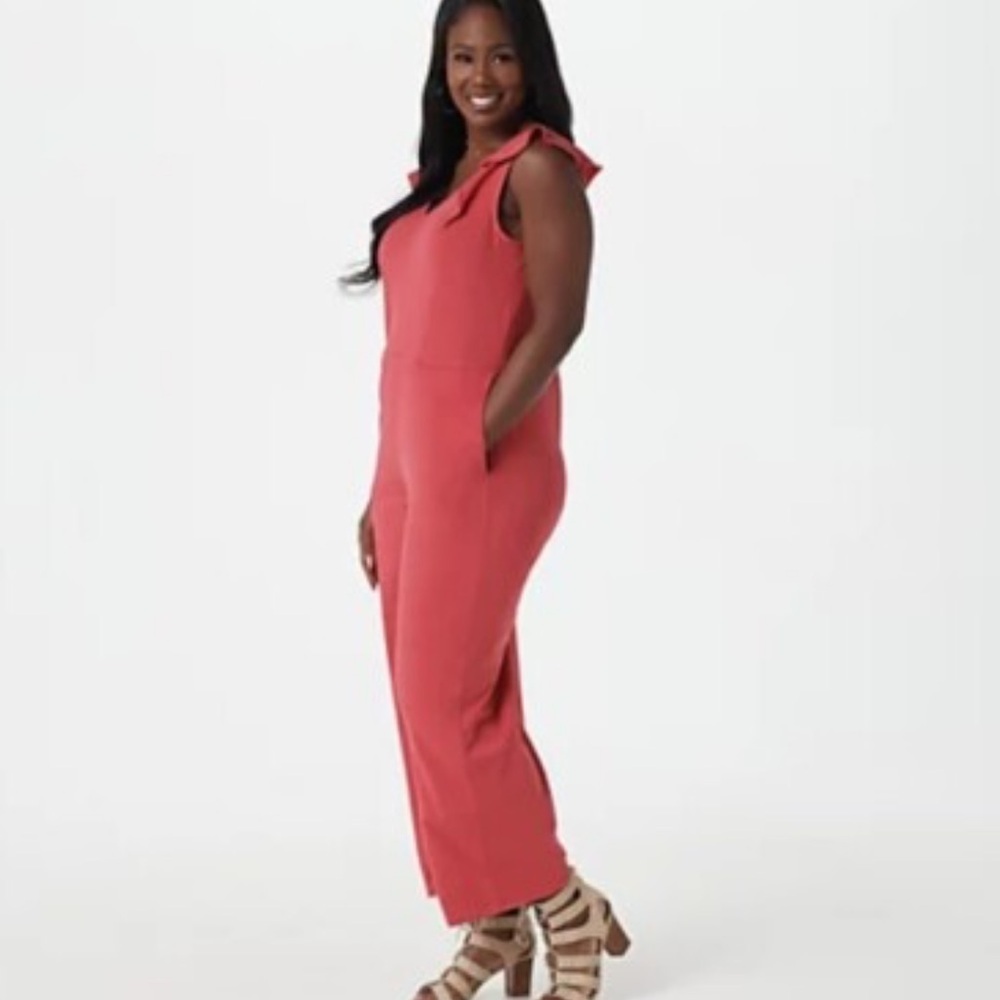 AnyBody Pink Smock Back Jumpsuit Small CARDINAL Tank Jumpsuit Flutter Sleeve